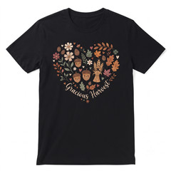 Thanksgiving Autumn Harvest Flowers And Acorns Heart Graphic T-shirt