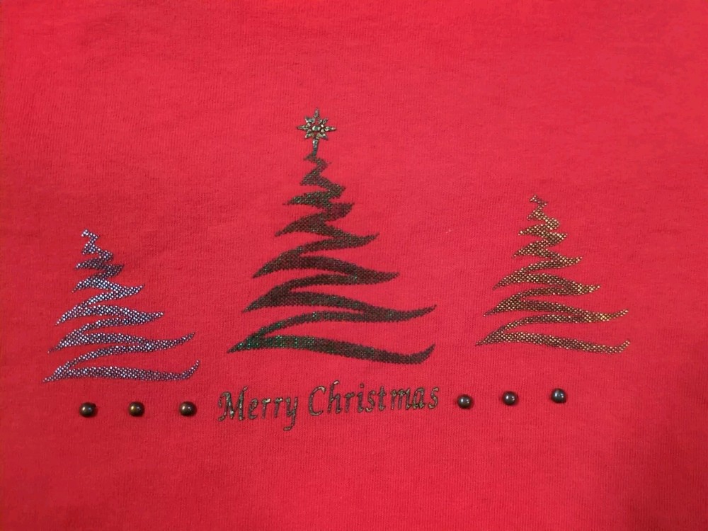 Vintage 90s Merry Christmas Tree Green Foil Shirt Size Large Red Delta Pro Rare