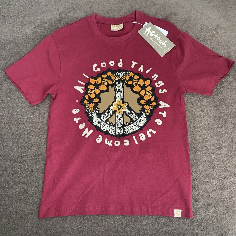 AGTAWH Mens T-Shirt Large 100% Cotton Floral Peace Sign Embroidered Burgundy Red