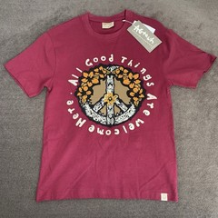 AGTAWH Mens T-Shirt Large 100% Cotton Floral Peace Sign Embroidered Burgundy Red
