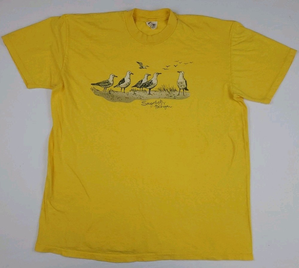 Vintage 80s Saugatuck Michigan Seagull Birds Art Print T Shirt USA Nature Animal