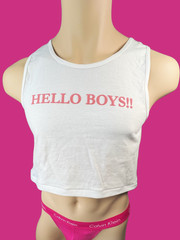 HELLO BOYS 3D Puff Logo Custom print men white crop tank top by H.E.Arts design