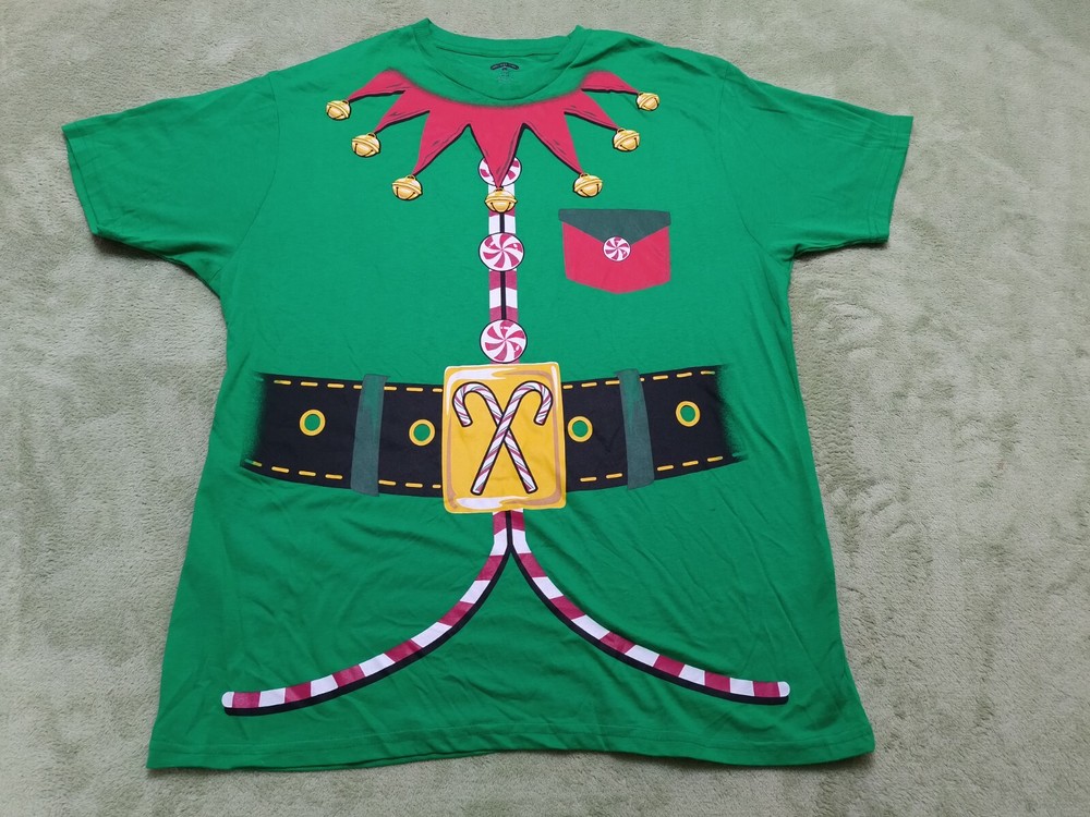 Holiday Time X-Mas Shirt Adult XL Geen Elf Costume Mens