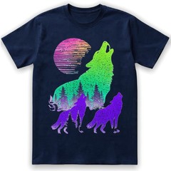 Wolves Howling Moon Forest Silhouette Neon Synthwave Retro Graphic Tee
