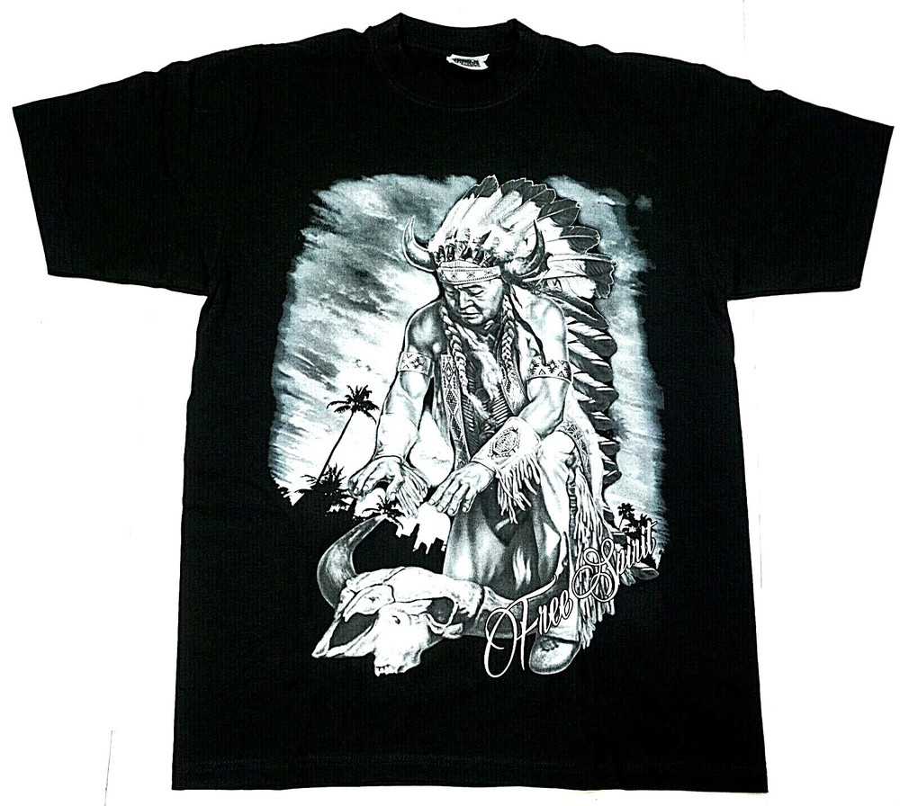 INDIAN T-Shirt Free Spirit Native American Warrior Chief Tee Men’s New