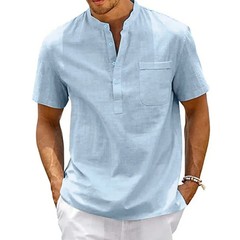 Men Cotton Linen Henley Shirt Summer Casual Beach Short Sleeve Tshirt Top Gift