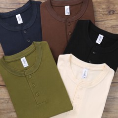 Cotton Henry Collar Short Sleeve T-Shirt Summer Men American Retro Fitness