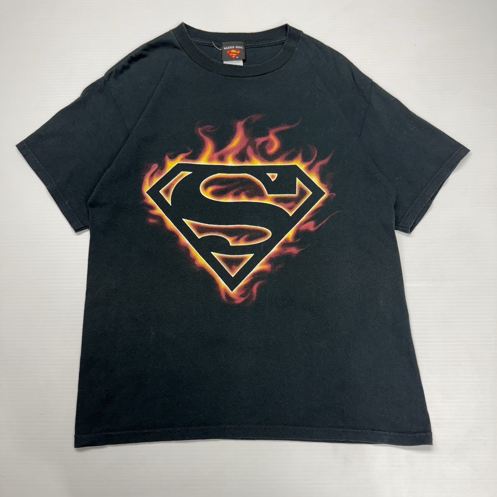 Vtg Warner Bros Superman Flame Logo Mens Shirt M Black Y2K Retro Punk Superhero