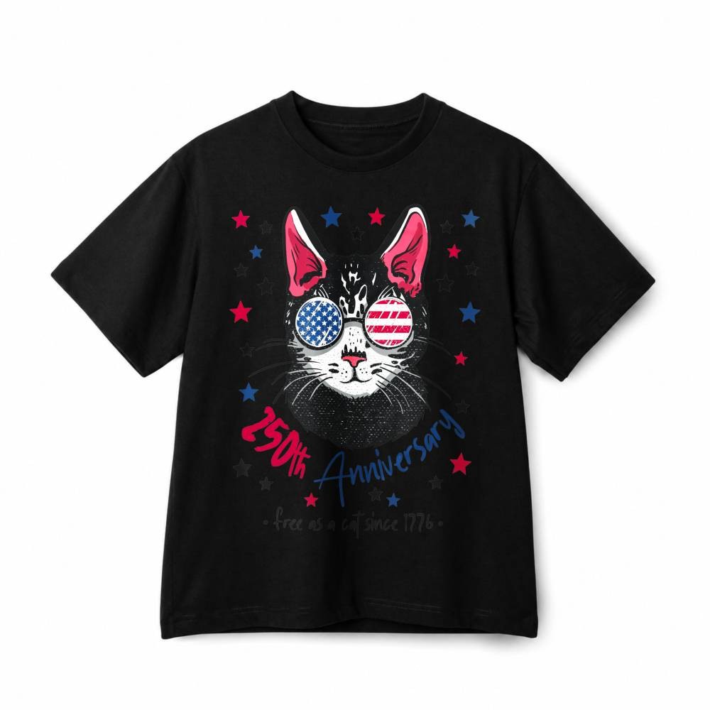 250th Anniversary Patriotic Cat USA Flag Sunglasses Retro Cotton T-Shirt Unisex