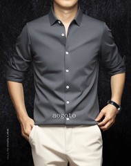 Spring Mens Long Sleeve Shirt Silk Cotton Business Casual Formal Slim Fit Shirts