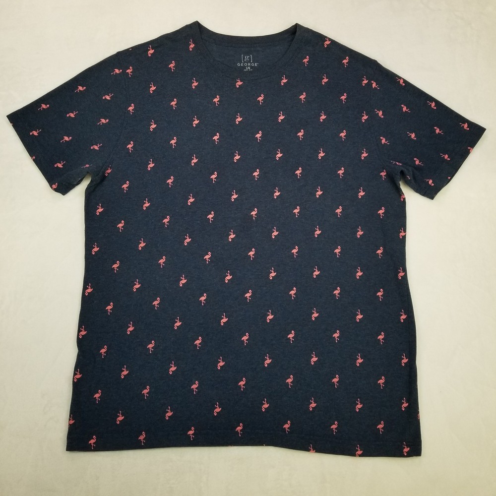 George Men’s Navy Pink Flamingo All Over Print T-Shirt Size Large Classic