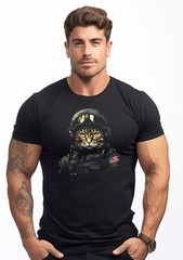 American Soldier Art Warrior Cat Army Patriotic USA Flag Graphic Tee Shirt