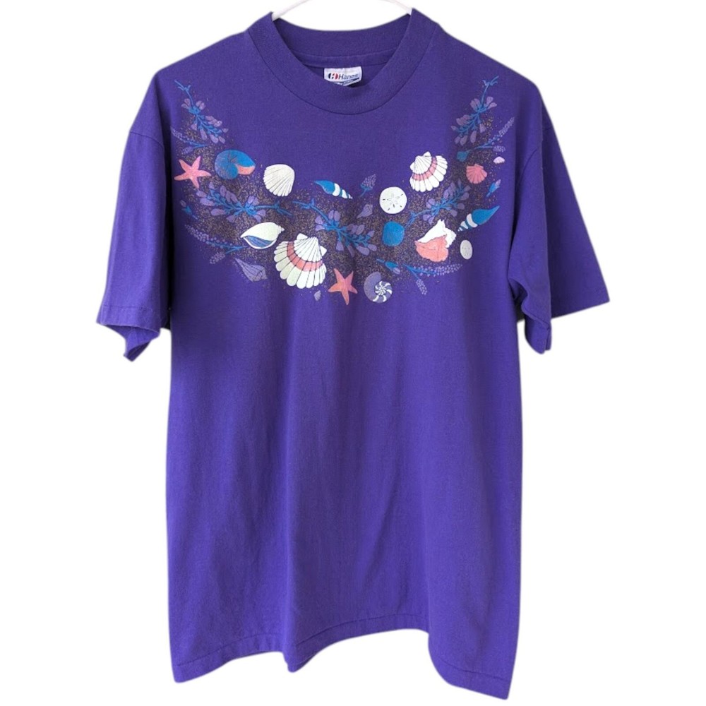 Vintage 90s Hanes T-shirt L Purple Sea Shell Single Stitch Gold Sparkle Coastal