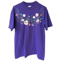 Vintage 90s Hanes T-shirt L Purple Sea Shell Single Stitch Gold Sparkle Coastal