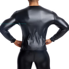 Men’s Round Neck Long Sleeve PU Leather T-shirt Party Club Pullovers Tops Casual