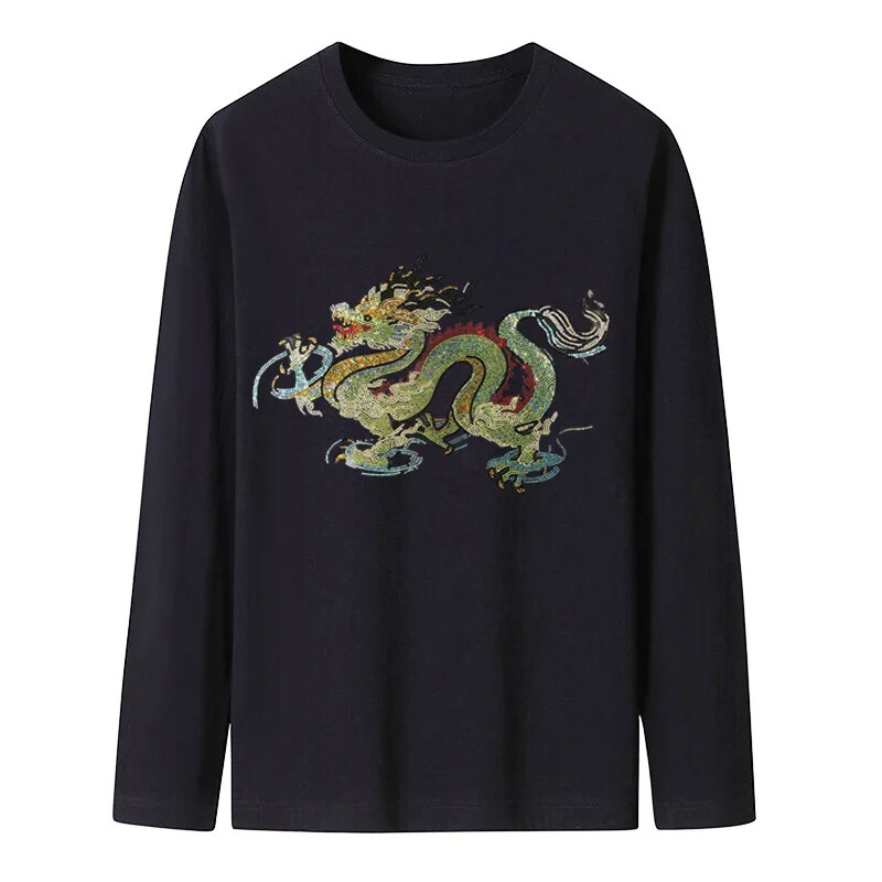Fashion Dragon Rhinestones Diamond Long Sleeve Luxury Men Trend Cotton T-Shirt