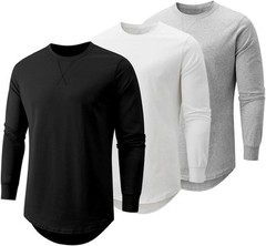 Mens 3 Pack Cotton Longline Crewneck T-Shirts Casual Hipster Fit Tee Set