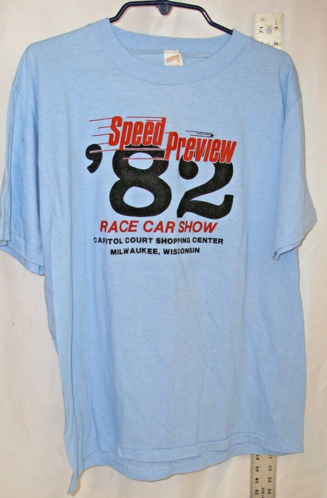 CHECKERED FLAG RACING NEWS SPEED PREVIEW 82 RACE CAR SHOW T SHIRT XL BLUE