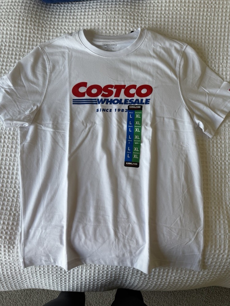 Costco Kirkland Signature Unisex Logo Crewneck Tee, White, Men’s L Women’s XL