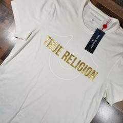 True Religion Shirt Men Large White Optic Tee Gold Metallic Logo Print New