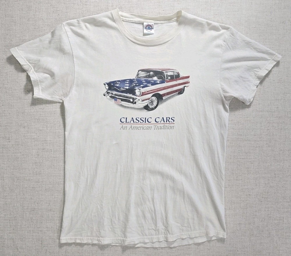 White Delta Pro Weight T-shirt Short Medium Classic Cars Vintage Made In USA