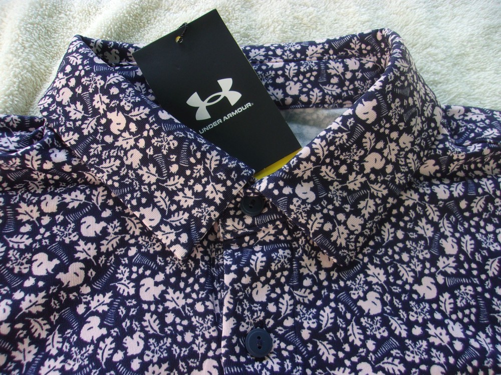 NWT Under Armour Loose Fit golf polo, men’s L, blue, pink squirrels, poly., $70