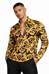 Versace Informal Shirt Twill Poly Baroque Black And Gold 50IT(US L)$1750 Retail