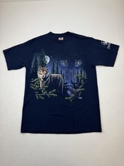 Vtg 90s Sansegal Wolf Nature Graphic T-shirt Sz M Blue Extinction is Forever AAA