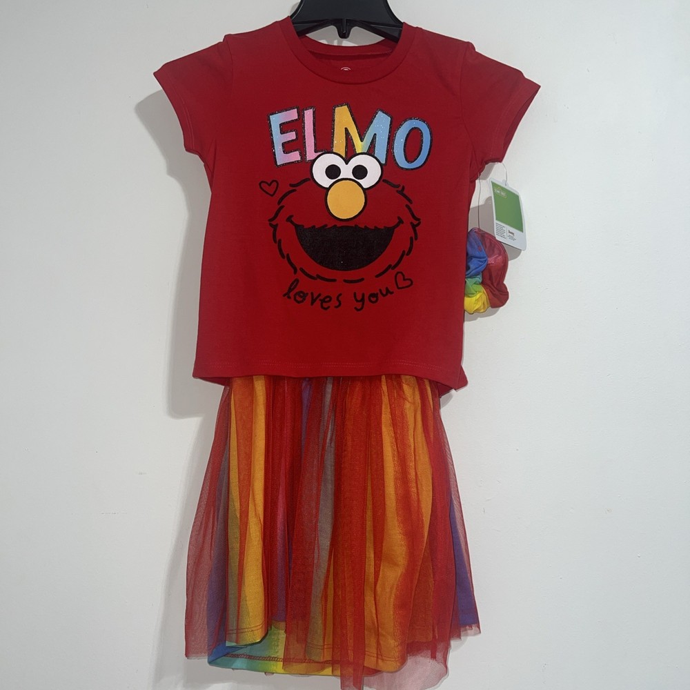 Sesame Street Elmo Shirt Tulle Skirt and Scrunchie 3 Piece Outfit Girls Sz 6/6X