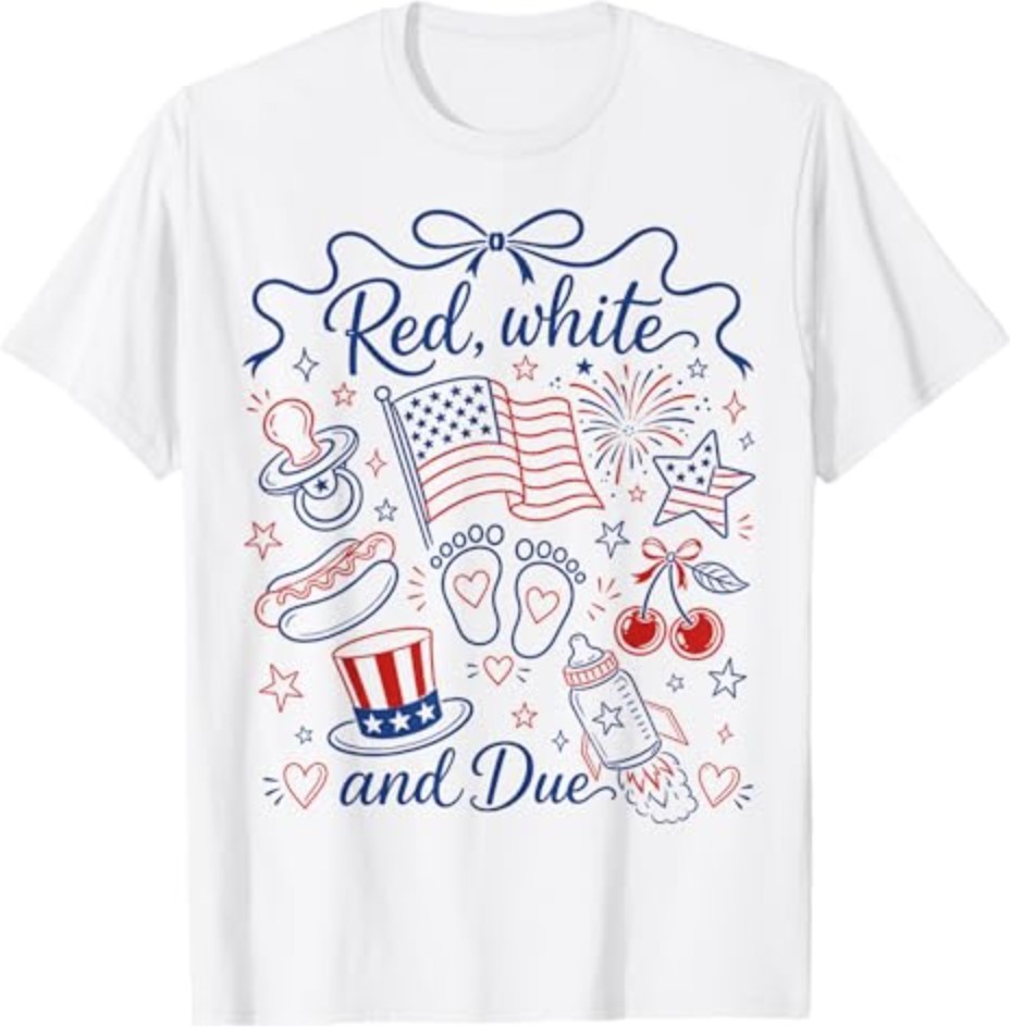 Red White and Due 4th of July Pregnancy Reveal Coquette Bow T-Shirt