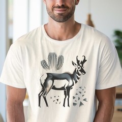 Desert Wildlife Graphic Tee Surreal Antelope Cactus Art Black