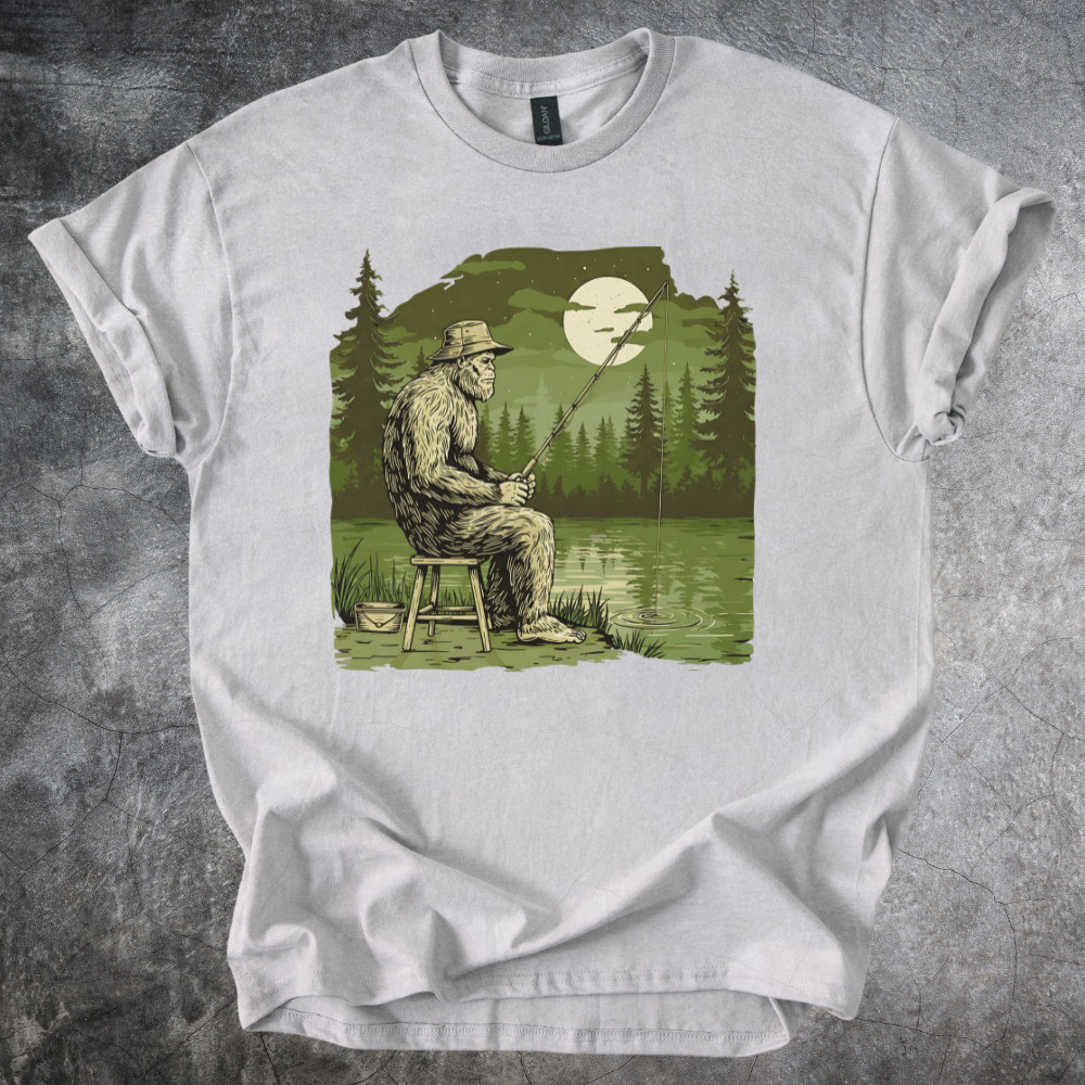Bigfoot Shirt Fishing Forest Lake Night Scene Outdoor Sasquatch Art Tshirt Gray