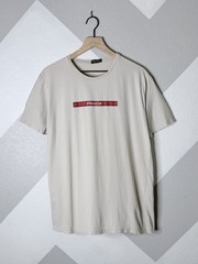 Prada Logo Mens XL Slim Fit Beige Graphic T Shirt Red Box Logo Cotton