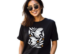 Retro Botanical Birds T-Shirt, Folk Art Bird Shirt, Vintage Nature Tee, Cottagec