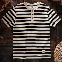 American Tough Guy Style Henry Collar Striped Washed Cotton Short Sleeved Shirt