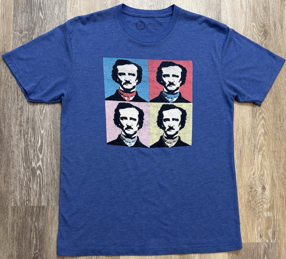 Edgar Allan Poe Pop Art Out Of Print T-Shirt Medium Vintage Royal Blue Warhol