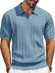 Mens V-Neck Polo Shirt Knit Textured Breathable Summer Casual Top