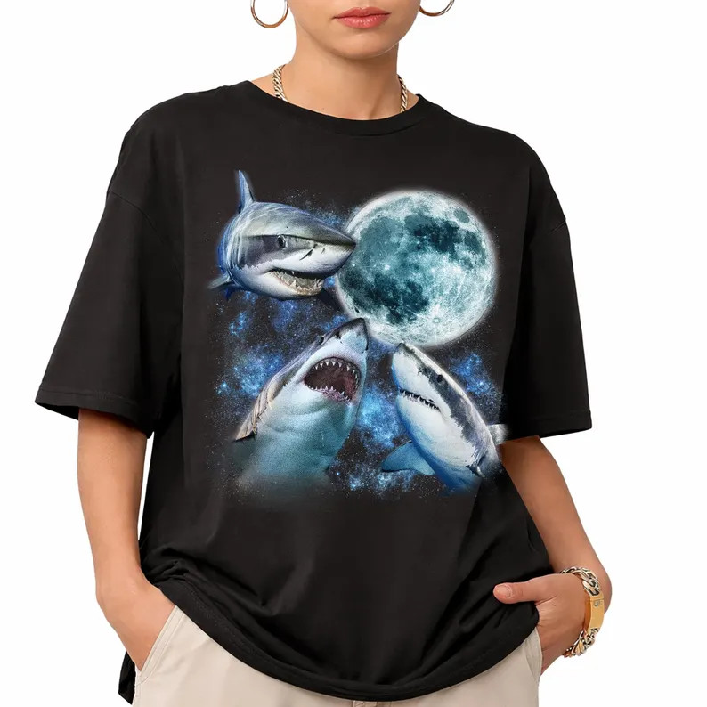 White Shark Moon Three Sharks Ocean Marine Life Comfort Tee