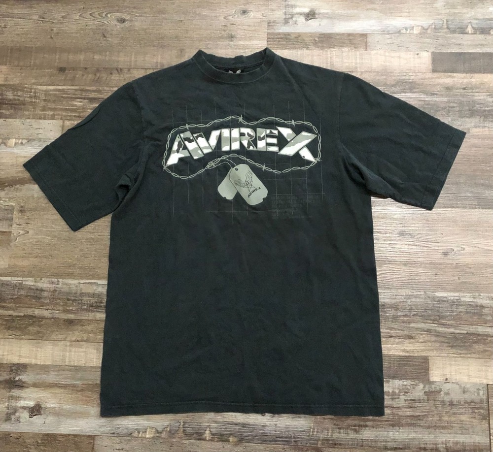 Vtg Y2K Vintage Avirex Mens Large Black Dog Tag Graphic Tee T Shirt