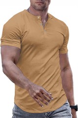 Men’s Muscle Slim Henley Shirts Crewneck T-Shirt Gym Workout Athletic Shirt Tees
