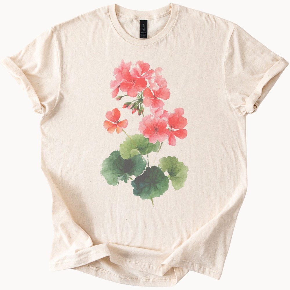 Botanical Geranium Flowers Graphic Tee Natural Cotton Shirt