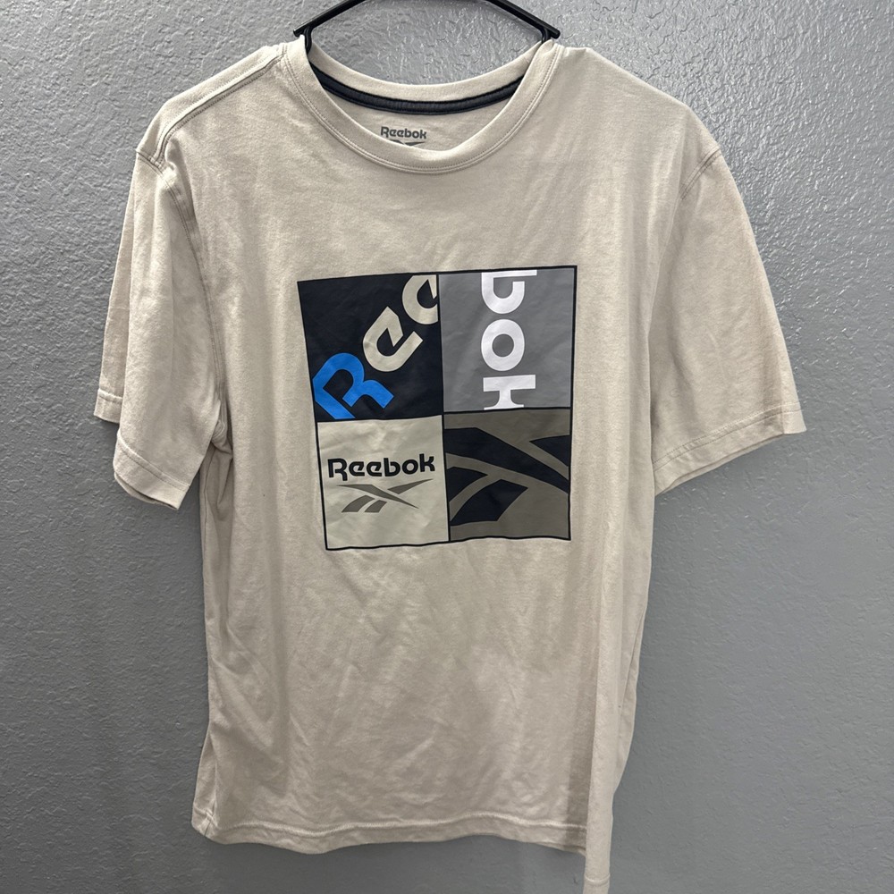 Reebok Shirt Mens Small Beige Black Blue Window Pane Print Short Sleeve Casual