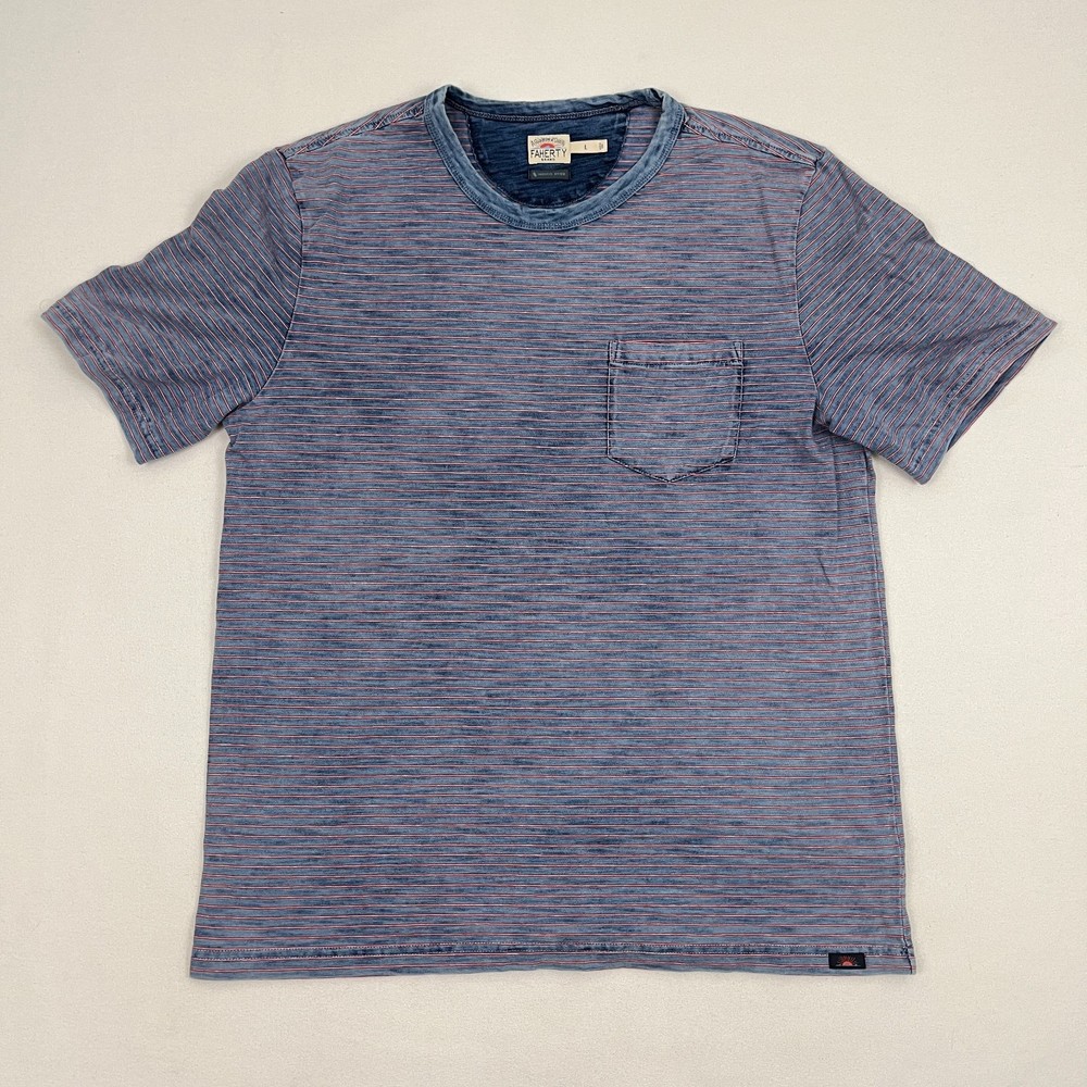 Faherty Shirt Mens L Blue Indigo Dyed Red Striped Organic Cotton Pocket T Casual