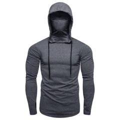 Mens Long Sleeve Hooded T-shirt Fitness Gym High Neck Stretch Shirt Hoodie