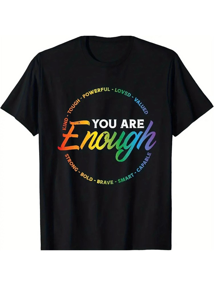 1pc LGBTQ Pride Cotton T-Shirt, Rainbow Flag & Positive Affirmation Print, Casua
