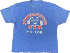 Vintage Powerhouse Gym Cropped T-Shirt Macomb Blue Athletic Weight Lifting
