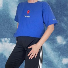 Vintage 2000s Y2K Google I am Here Blue Graphic Funny T-Shirt Humor Size Large