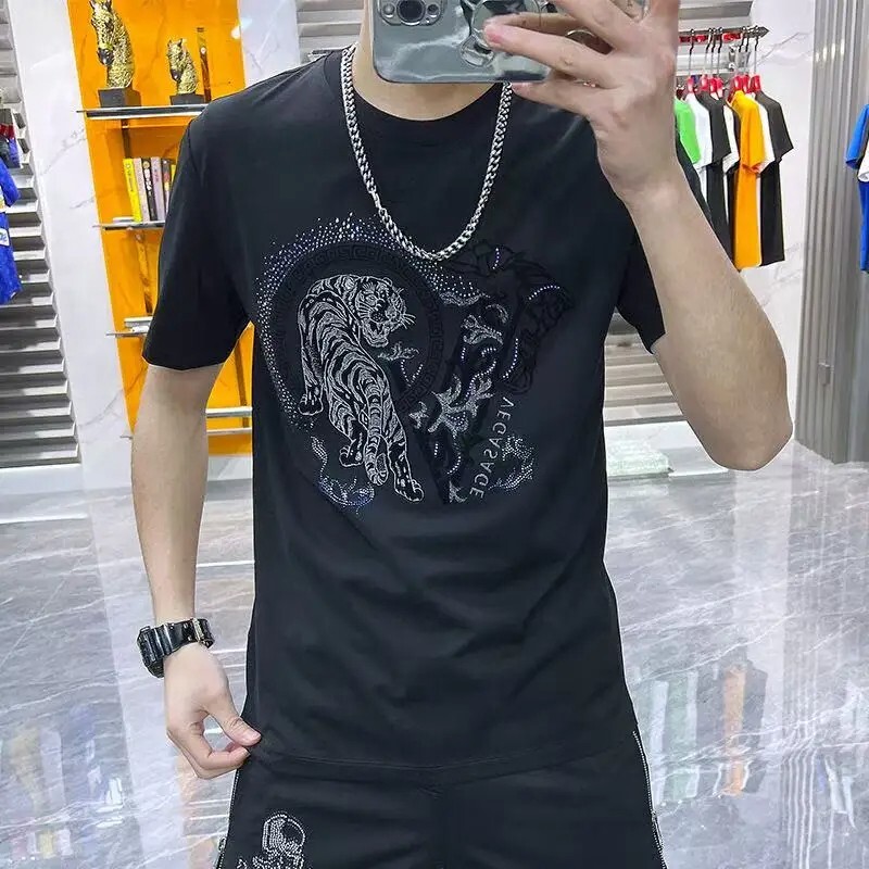New Fashion Trend Tiger Hot Diamonds Rhinestones Summer Luxury Men T-Shirt