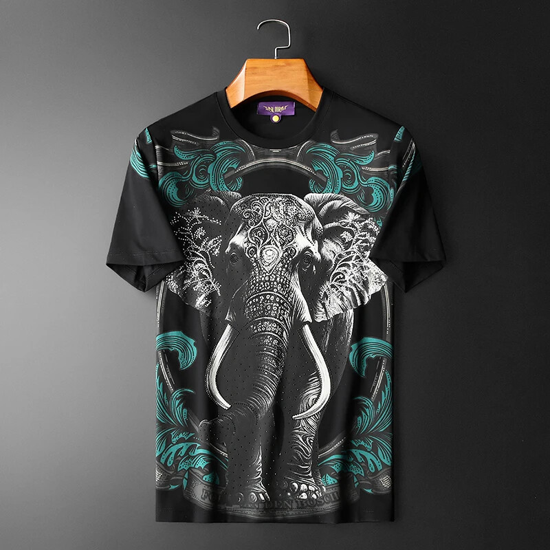 New Fashion Elephant Rhinestone Summer Short Sleeve Luxury Men Trend T-Shirt
