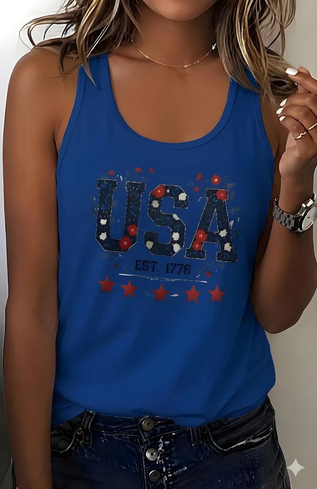 USA Est Floral Patriotic Design Graphic Tank Top